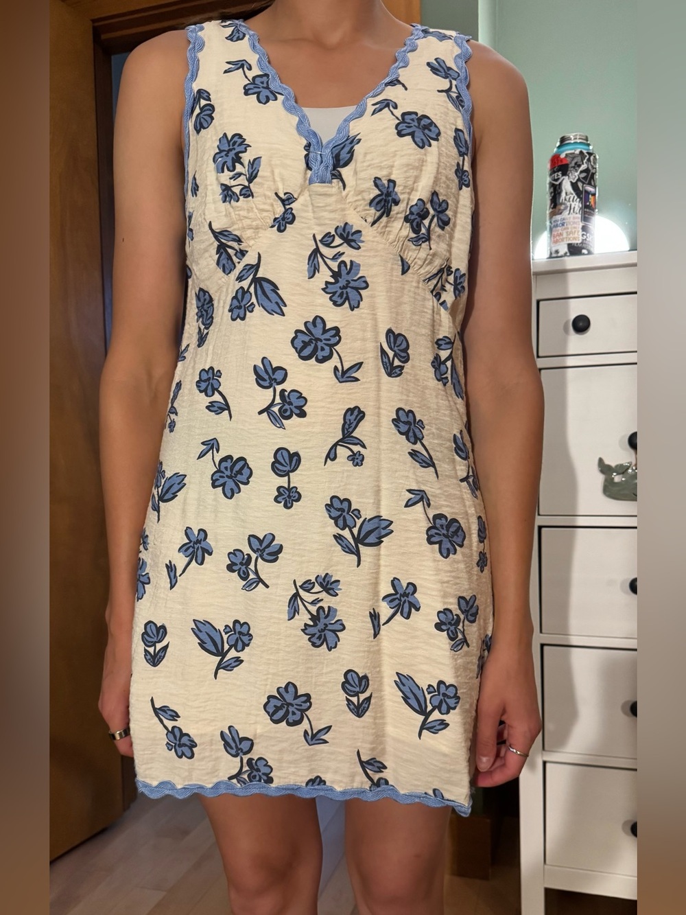 Cream Mini Dress with Blue Floral Print